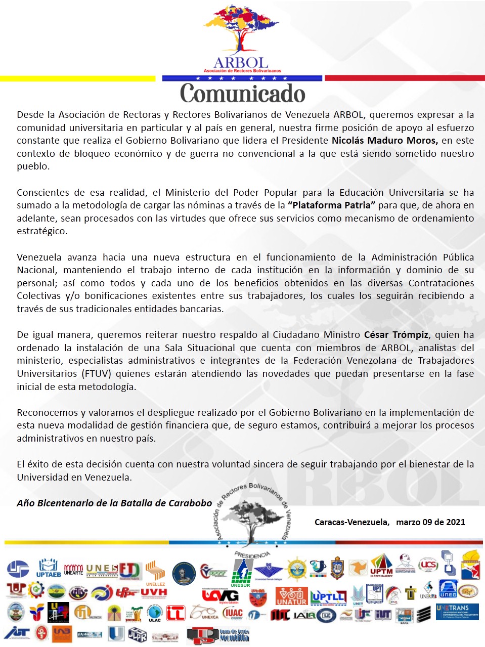 COMUNICADO: ARBOL se pronuncia en respaldo a la medida del Gobierno Bolivariano de pago de sueldo por el Sistema Patria